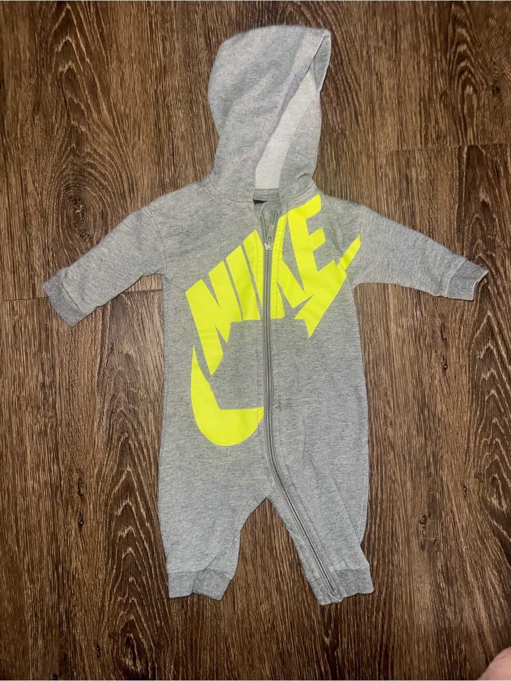Nike Grey & Neon Yellow Baby One-Piece Hooded Romper (6 months)